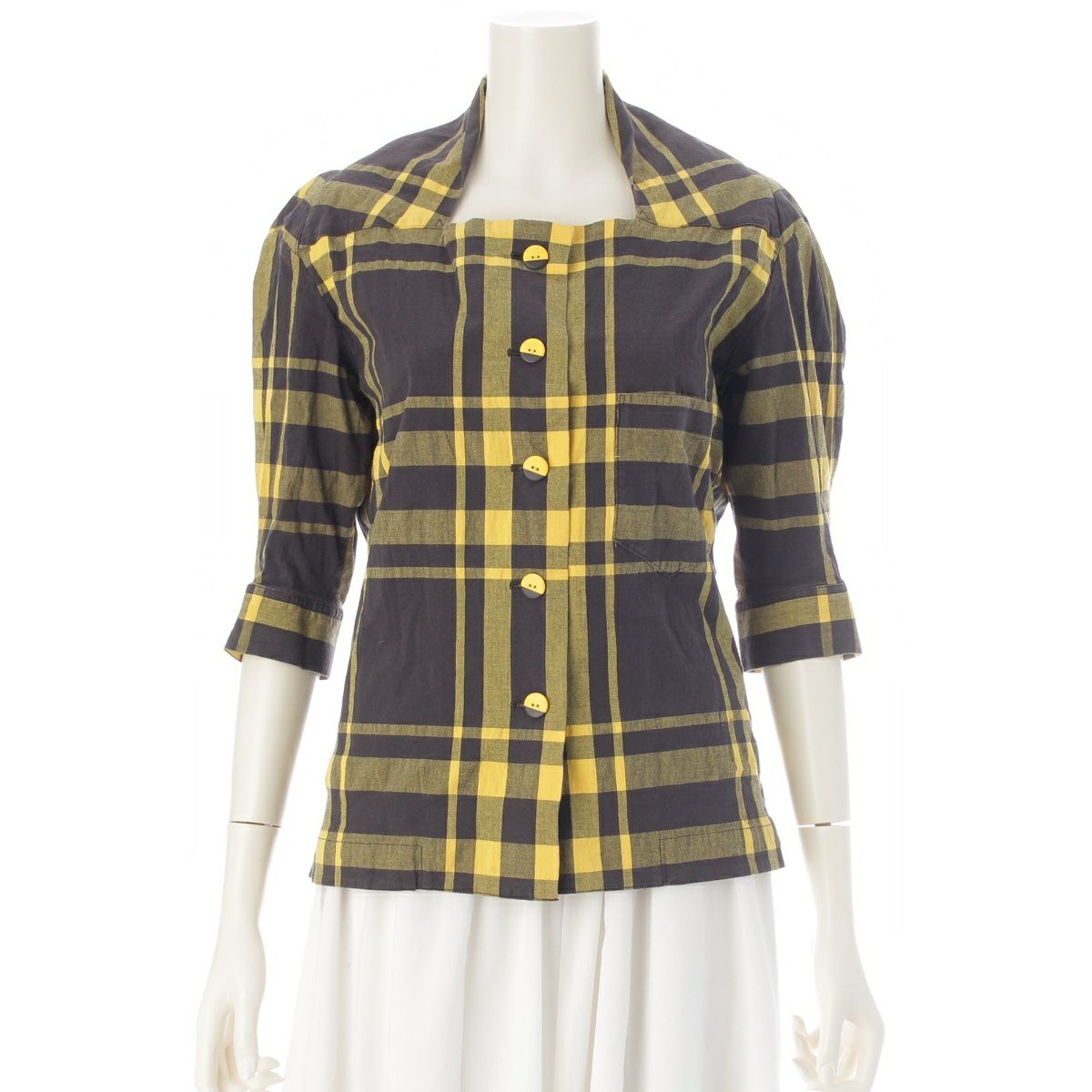 イッセイミヤケ 90s 90-91年 コットン タータンチェック 変形 5分丈 ブラウス トップス JG11300 イエロー ブラック M