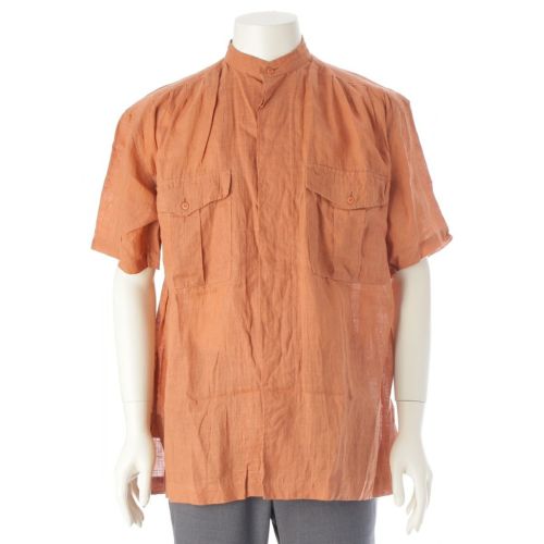 イッセイミヤケ メン 80s 1984 リネン 筆タグ シャーリング ネップ 比翼 半袖シャツ トップス LG12144 テラコッタ M