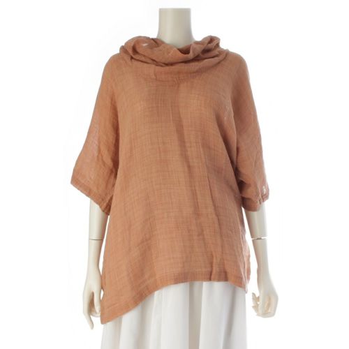 イッセイミヤケ 80s 1983 コットン リネン 初期 単色タグ 変形 ハイネック ハーフスリーブ 平面 トップス EF16653 オレンジ M