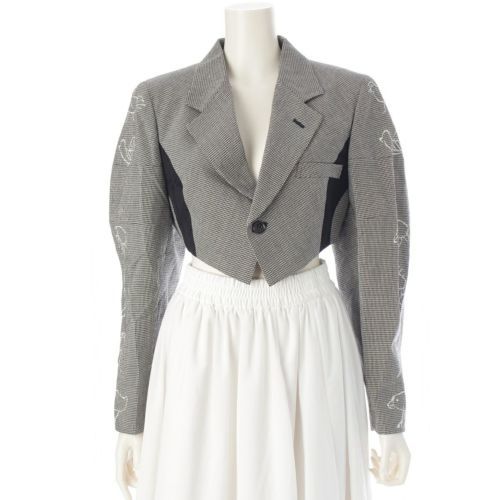 コムデギャルソン AD1989 89AW ウール 鳥 植物 アートワーク 刺繍 千鳥格子 クロップド テーラードジャケット GJ-05017M ホワイト ブラック M