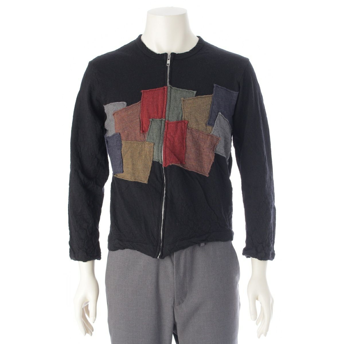 コムデギャルソンシャツ ウール ジップアップ パッチワーク カーディガン トップス ブラック系 マルチカラー M