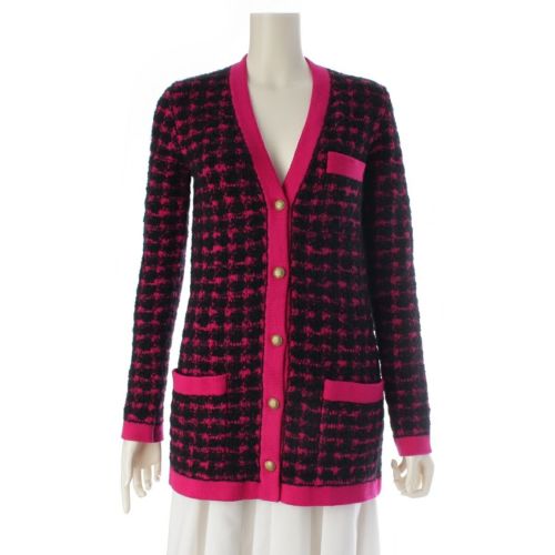 サンローラン 21年 ウール アルパカ チェック柄 ニット カーディガン トップス 673741 ブラック ピンク S