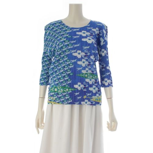 プリーツプリーズ ポリエステル 七分丈 クルーネック フラワープリント トップス PP71-JK873 ブルー 4