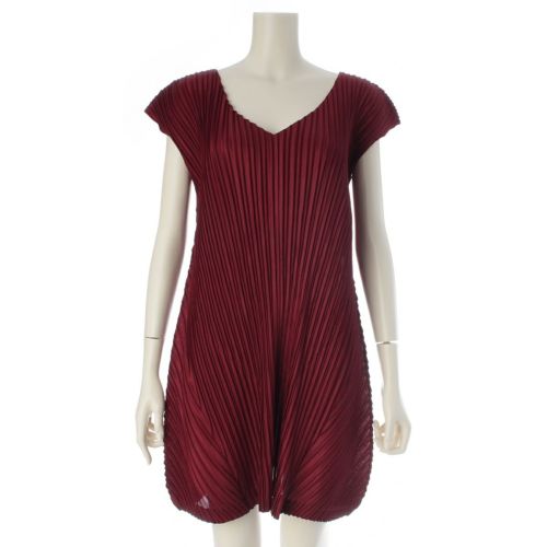 プリーツプリーズ ポリエステル ノースリーブ Vネック 膝丈 ワンピース PP21-JT416 ボルドー 3