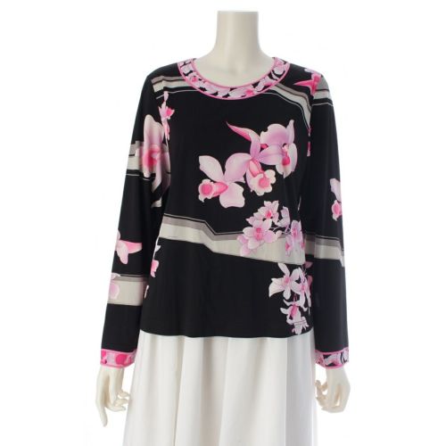 レオナール カンカン素材 クルーネック 長袖 トップス 0129219 ブラック ピンク LL