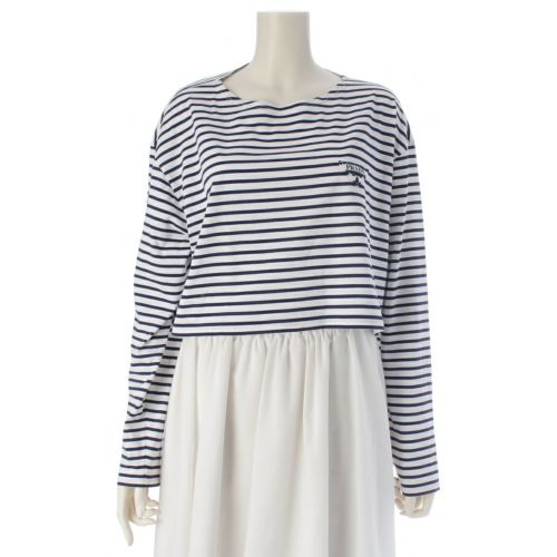 プラダ コットン トライアングル ロゴ ボーダー クロップ トップス S221 ホワイト ネイビー