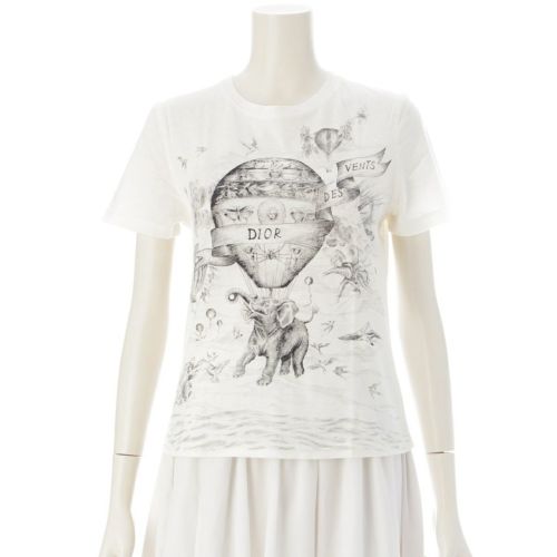 クリスチャンディオール コットン リネン バルーン アニマル プリント 半袖Tシャツ 象 鳥 153T-12B4452 ホワイト XS