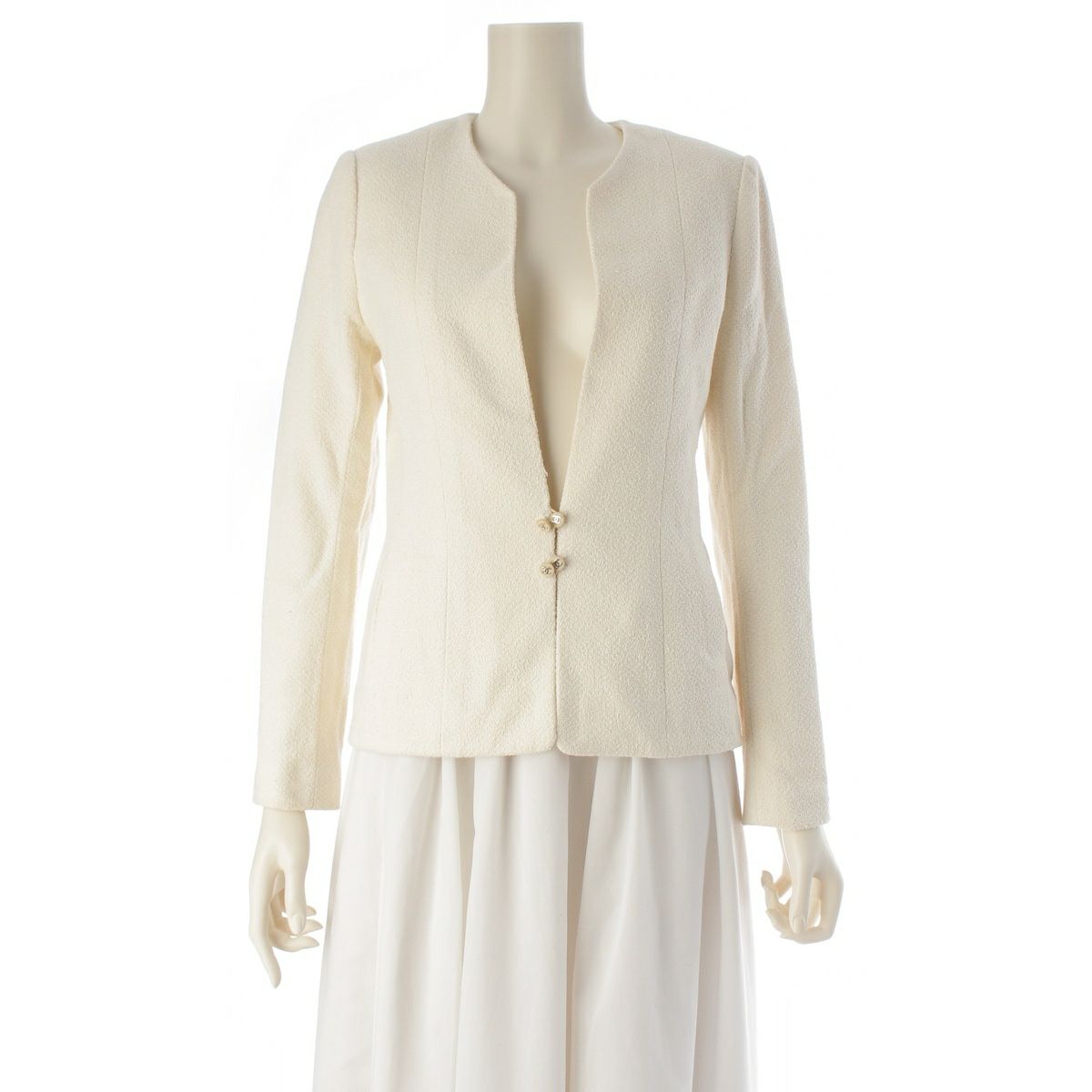 シャネル 98P コットン ウール ツイード チェーン ココボタン ノーカラージャケット アウター P11184 ホワイト 38