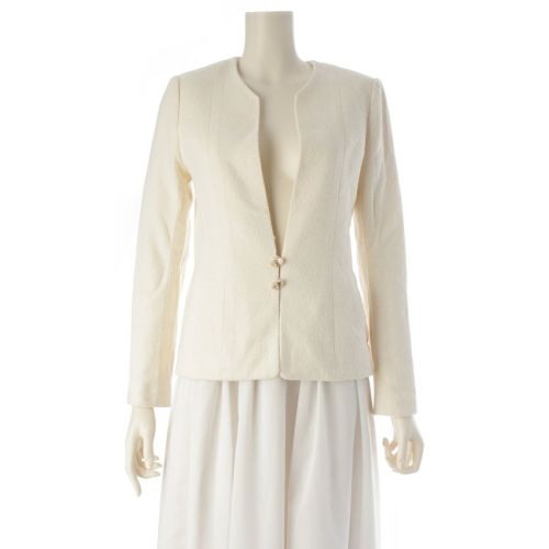 シャネル 98P コットン ウール ツイード チェーン ココボタン ノーカラージャケット アウター P11184 ホワイト 38