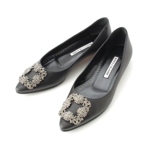 マノロブラニク HANGISI ハンギシ レザー ビジューバックル フラット パンプス シューズ ブラック 35