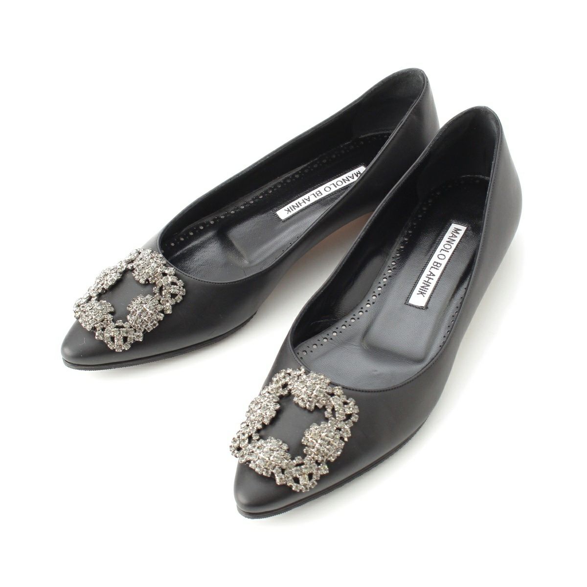 マノロブラニク HANGISI ハンギシ レザー ビジューバックル フラット パンプス シューズ ブラック 35