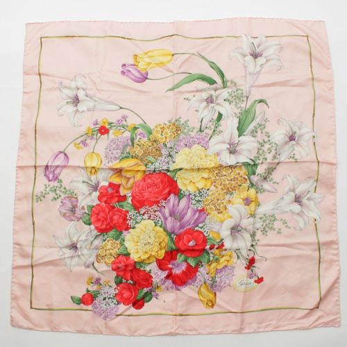 グッチ シルク フローラ 花柄 スカーフ ピンク