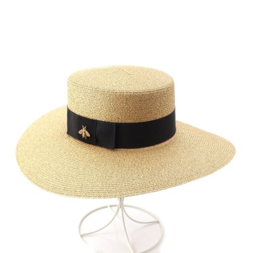 グッチ BEE ビー ファブリック パピエ ストロー ハット 帽子 ゴールド S