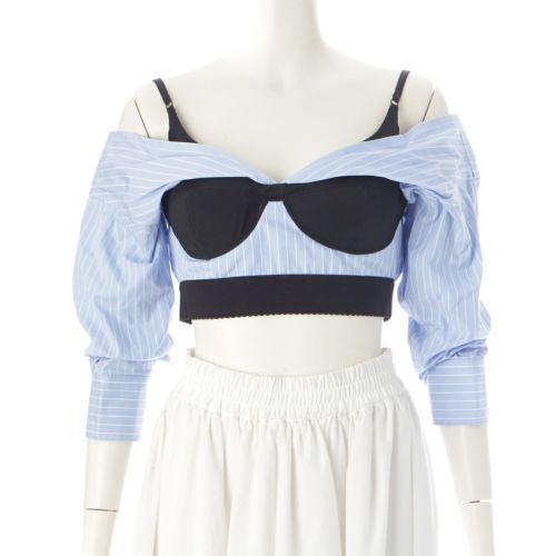 アレキサンダーワン コットン オフショルダー ブラトップ シャツ ブラウス CA00985 ブルー ブラック 0