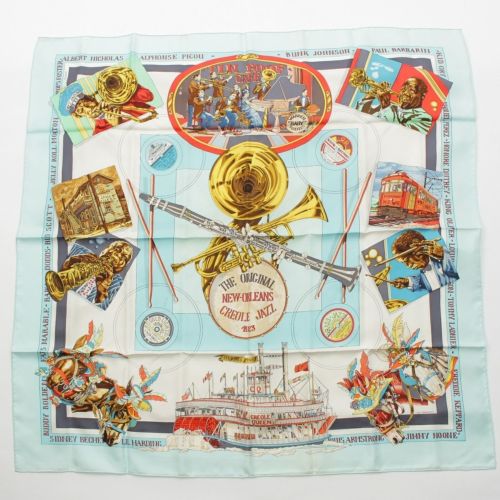エルメス シルク カレ90 THE ORIGINAL NEW ORLEANS CREOLE JAZZ 1923 スカーフ ブルー