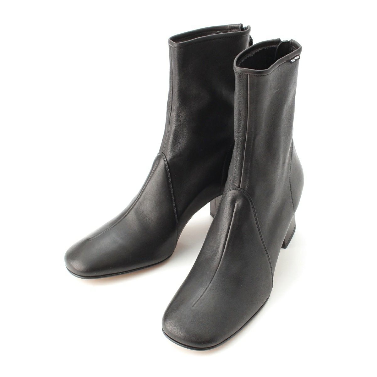 ミュウミュウ ナッパレザー ストレッチ ヒールブーツ ブーティ ブラック 38 1/2