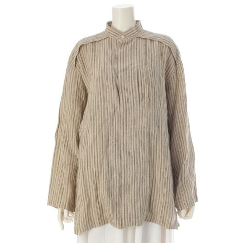 イッセイミヤケ 1983 80s リネン 初期 単色タグ バンドカラー リネン 比翼 変則 ストライプ 長袖シャツ トップス ZL16013 ベージュ M