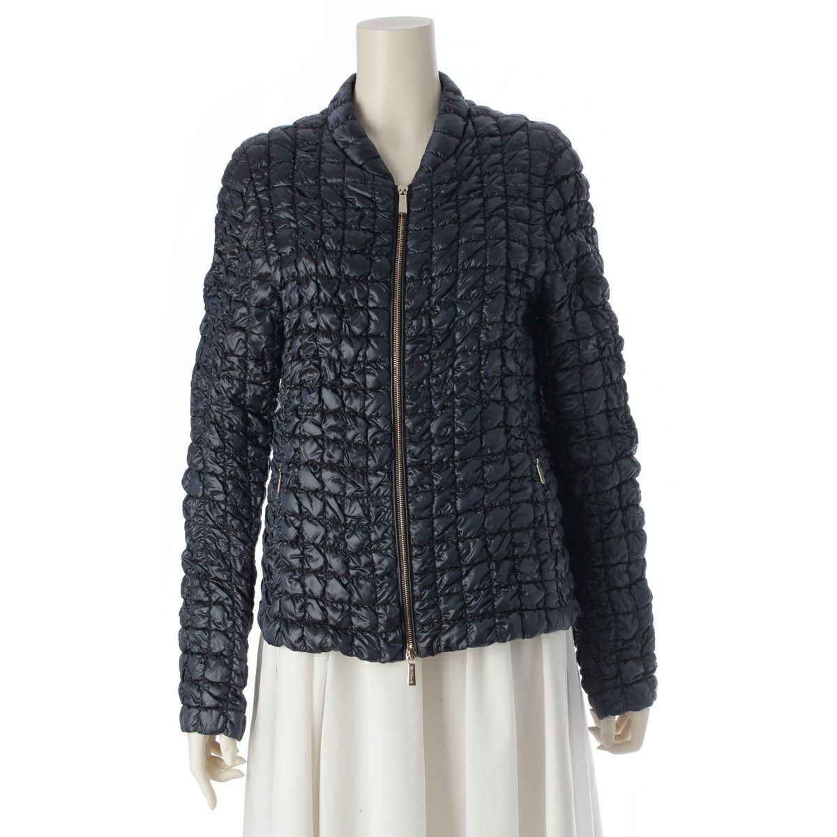 ムーレー ナイロン Felce ゴールド金具 ノーカラージャケット アウター ネイビー 44