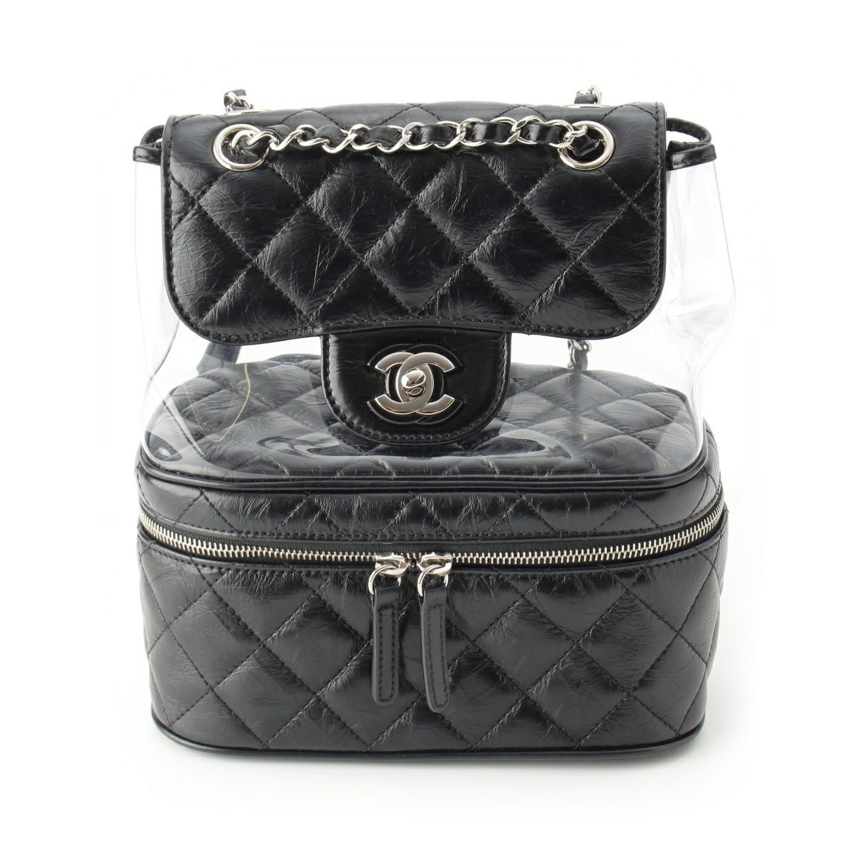 シャネル 25番台 レザー PVC マトラッセ クリア バックパック リュック デイパック ブラック