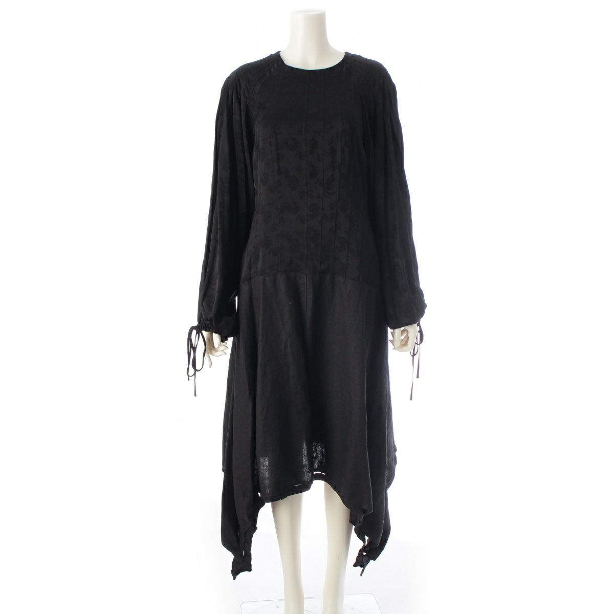 ロエベ ビスコース レーヨン リネン 切り替え リボン ワンピース 長袖 ロング ブラック 36