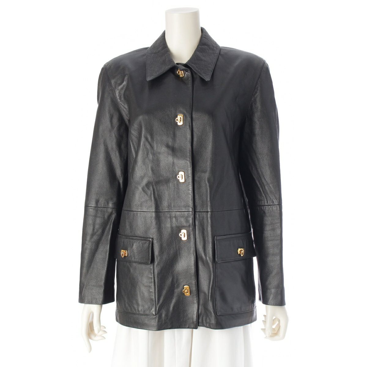 サルヴァトーレフェラガモ レザー ゴールド金具 ガンチーニ ジャケット アウター ブラック 42