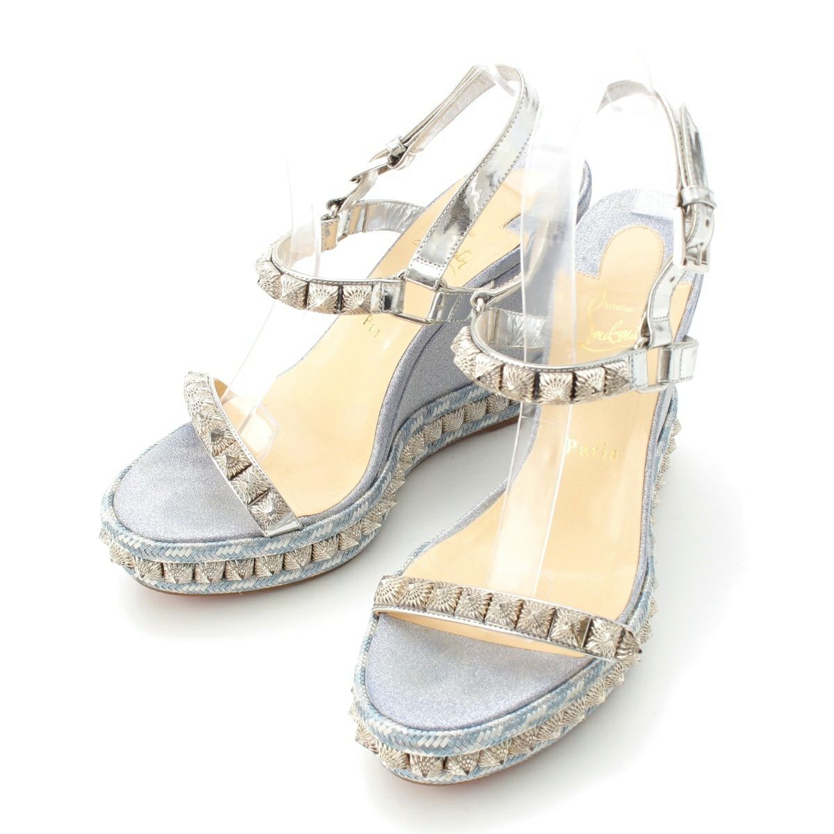 クリスチャンルブタン ラメ グリッター スタッズ ストラップ サンダル シューズ ライトブルー 40