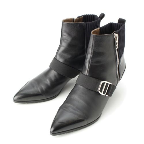 エルメス レザー ベルト付き ニット切替 ポインテッドトゥ サイドジップ ショート ブーツ M10516 ブラック 35 1/2