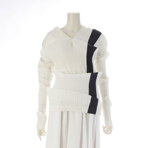 イッセイミヤケ 1990年 90SS Vネック 変形プリ－ツ トップス JG-05414 ホワイト×ブラック M