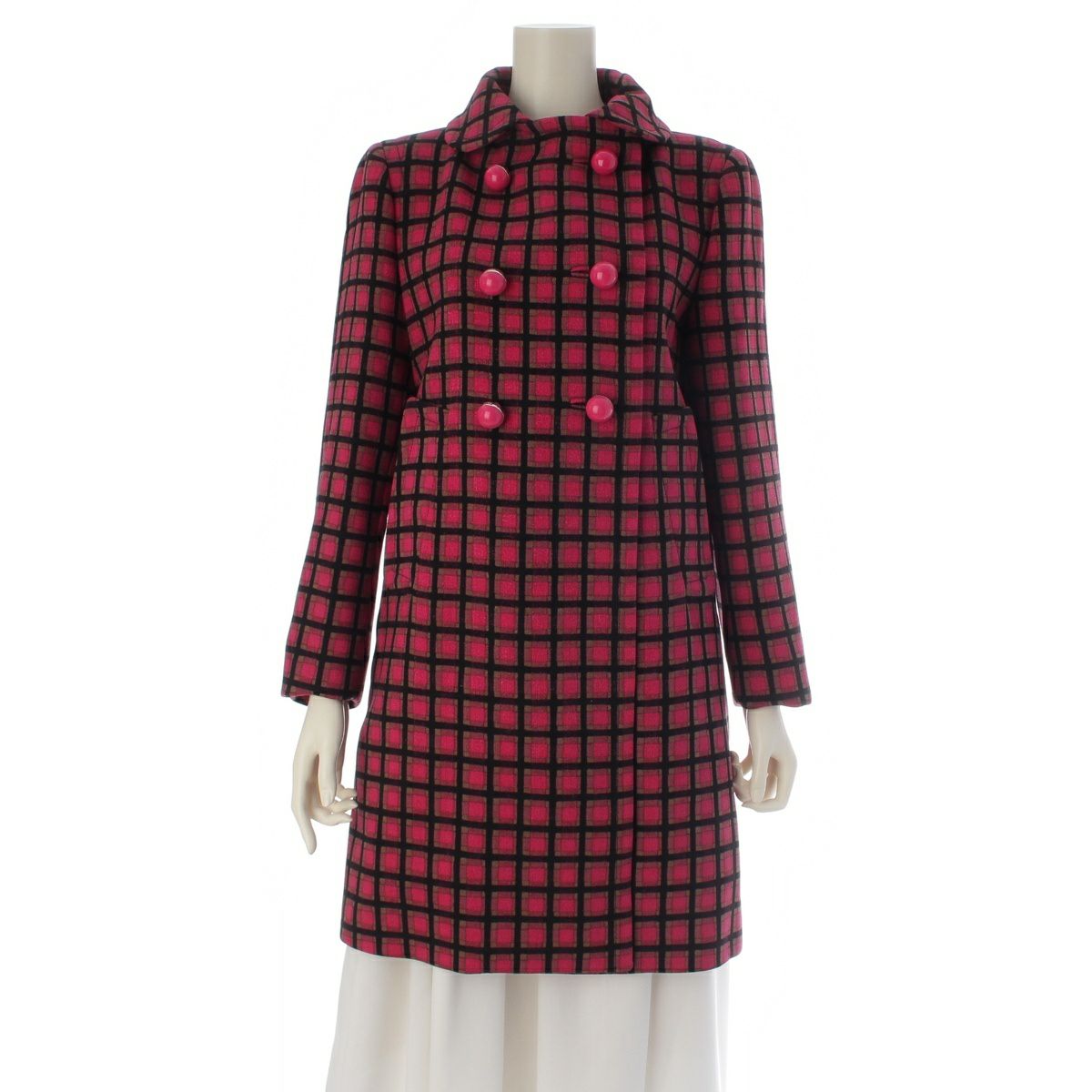 プラダ 2010年 ウール ロゴボールボタン チェック柄 コート アウター ピンク 44