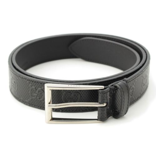 グッチ レザー GGエンボス ロゴ ベルト 474313 ブラック×シルバー