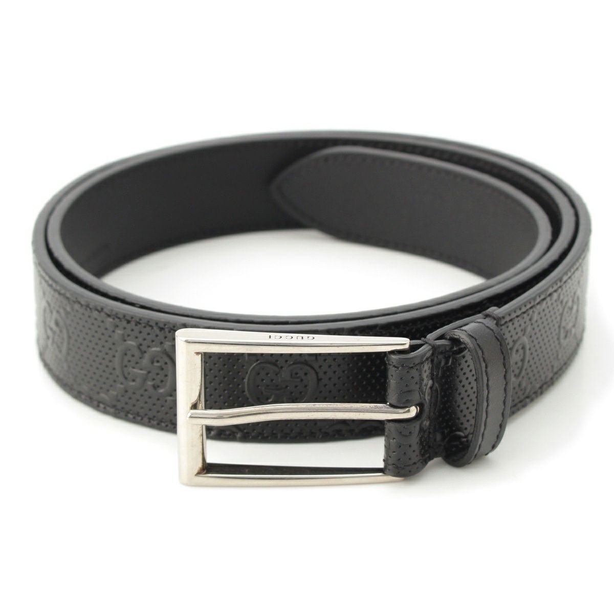 グッチ レザー GGエンボス ロゴ ベルト 474313 ブラック×シルバー