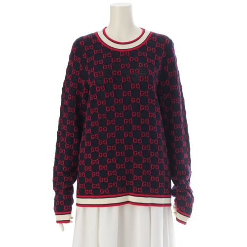 グッチ ウール GGジャガード 長袖 ニット セーター トップス ネイビー レッド XL