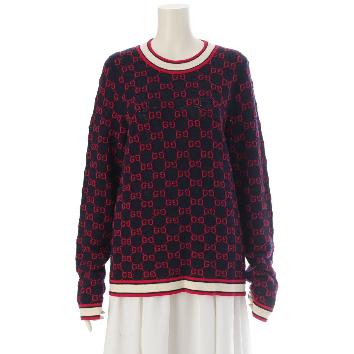 グッチ ウール GGジャガード 長袖 ニット セーター トップス ネイビー レッド XL