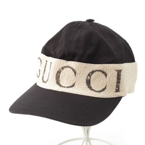 グッチ ロゴヘアバンド付き ベースボール キャップ 帽子 ブラック×ホワイト M