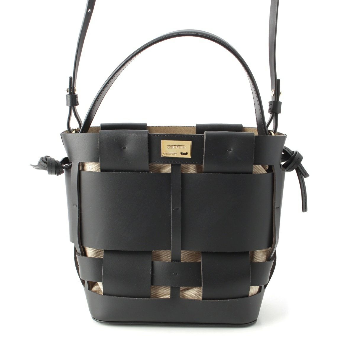 ザンケッティ ウーブンバケット レザー ハンドバッグ ブラック