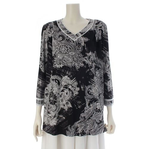 レオナール カンカン 総柄 ロングスリーブ カットソー チュニック 0199223 ブラック×ホワイト 42