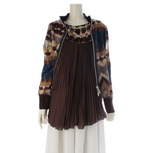 サカイ 20年 レーヨン ノルディック柄 ベルベット プリーツドッキング ペチコート インナー付 ジップデザイン ブルゾン ブラウン系