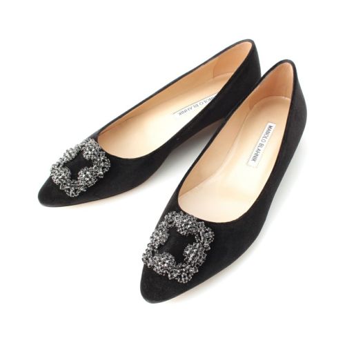 マノロブラニク Hangisi ハンギシ ベルベットベロア ビジュ― フラット パンプス ブラック 37 1/2