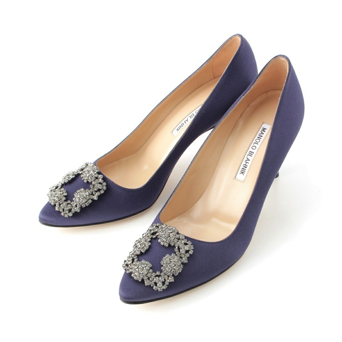 マノロブラニク Hangisi ハンギシ サテン ビジュー ヒール パンプス ネイビー 37 1/2
