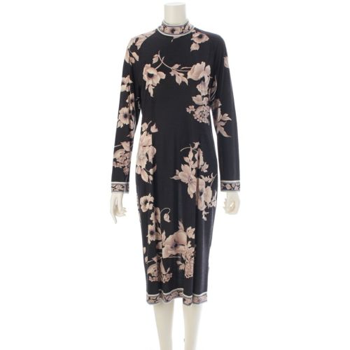 レオナール ウール シルク シアー バックジップ クルーネック 花柄 総柄 ワンピース ドレス 0340102 ブラック L