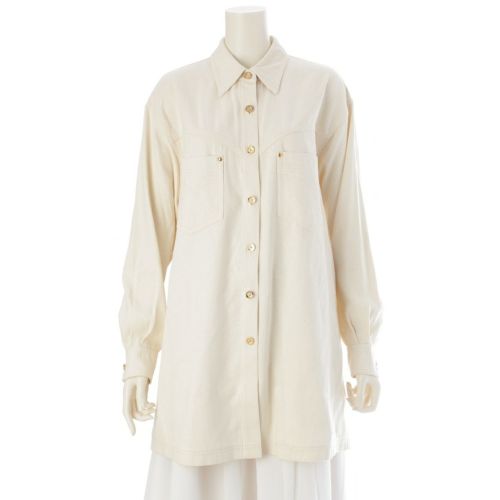 レオナール シルク 金ボタン ステッチワーク オーバーサイズ 長袖シャツ アイボリー ベージュ 9R