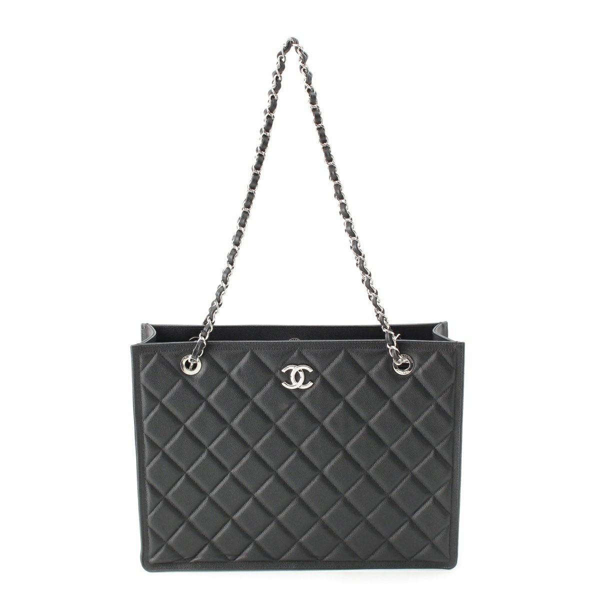 シャネル 23K キャビアスキン マトラッセ ココマーク ランダム番 チェーン トートバッグ AS4404 ブラック シルバー金具