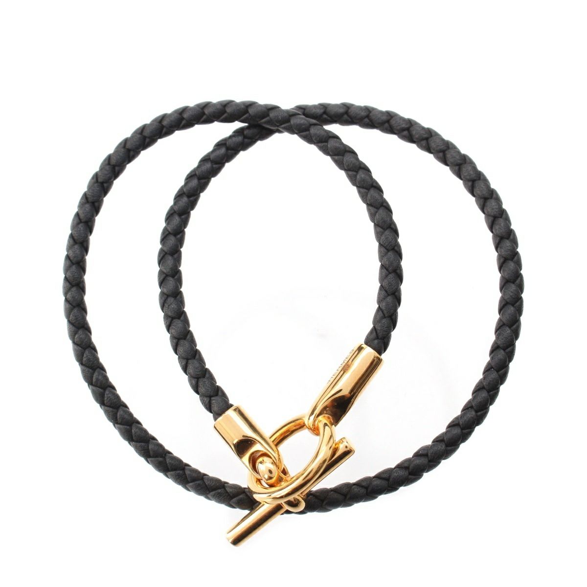 エルメス グレナン レザー ピンクゴールドプレイテッド ドゥブルトゥール ブレスレット ブラック