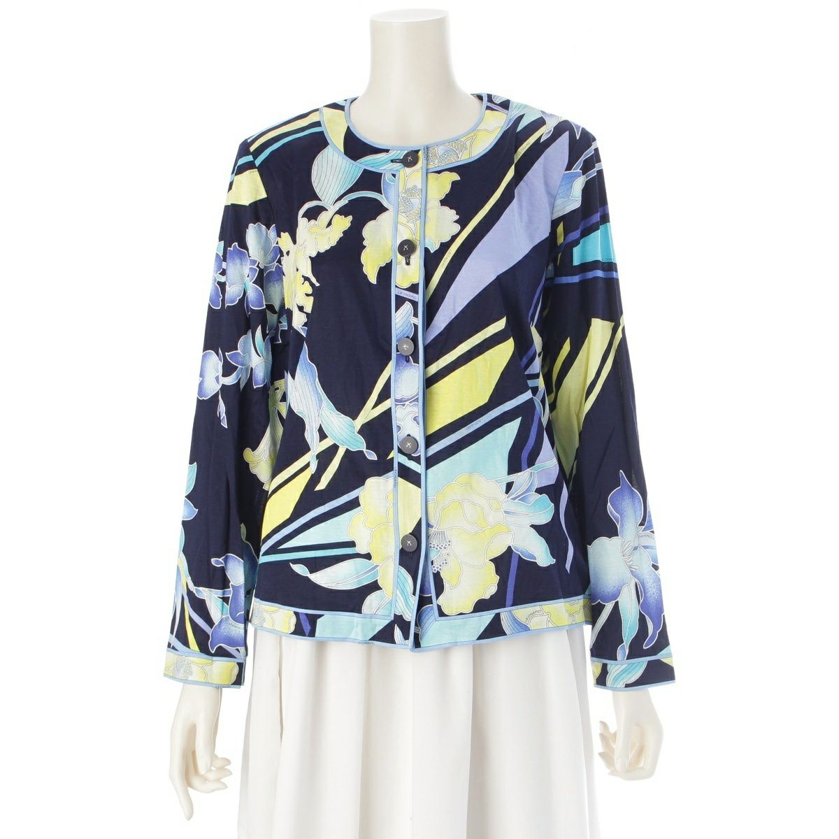レオナール コットン 花柄 カーディガン ブラウス トップス ブルー系 LL