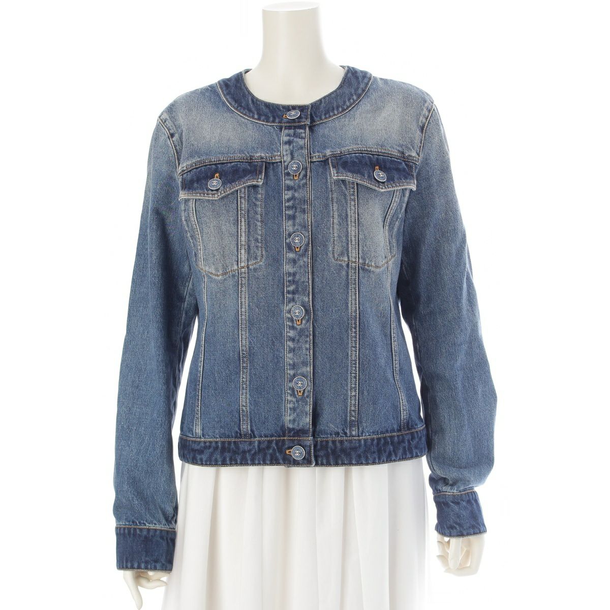 シャネル 24‐25AW ココマーク ノーカラー デニムジャケット アウター P78108 ブルー 42