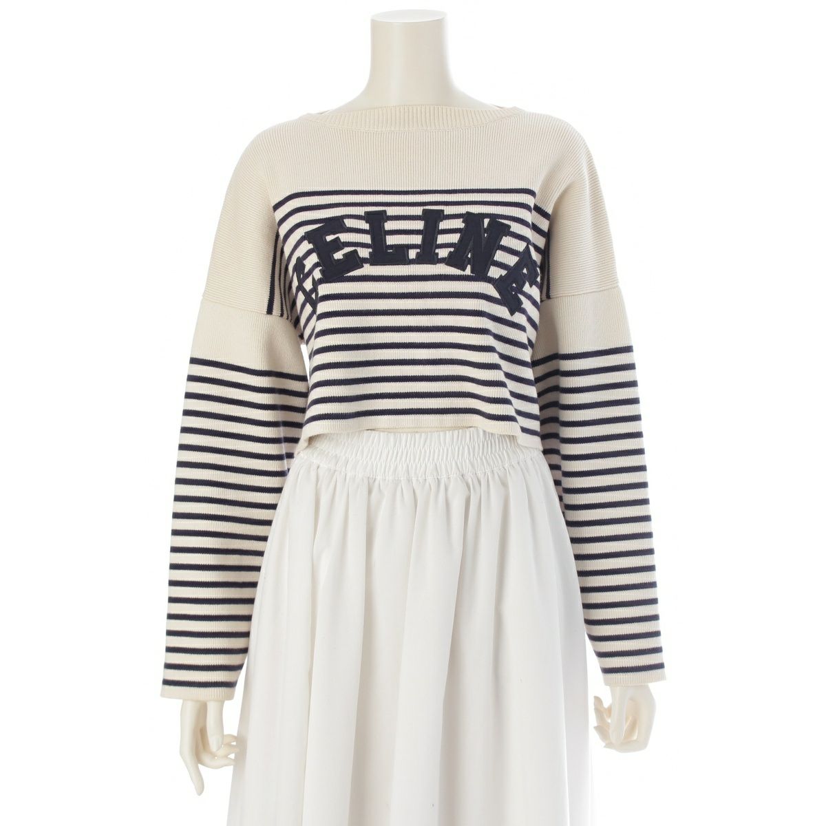 セリーヌ 22SS コットン ロゴ ボーダー柄 クロップド ニット セーター トップス 2A88V384N アイボリー ネイビー XS