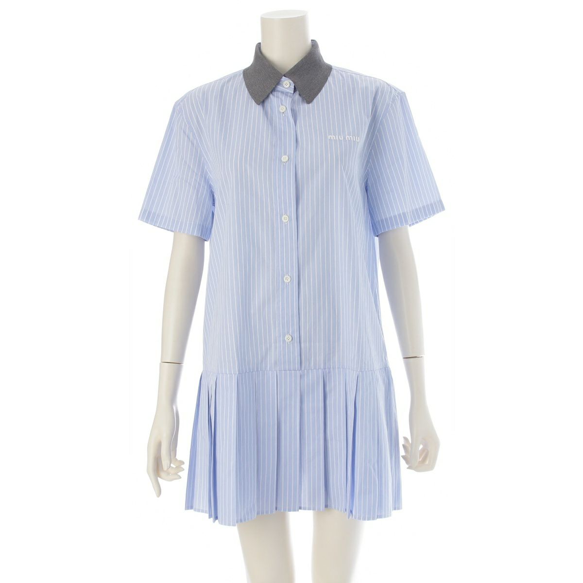 ミュウミュウ 24SS コットン ストライプ ポプリンドレス ミニ ワンピース MF5399 ライトブルー グレー 40