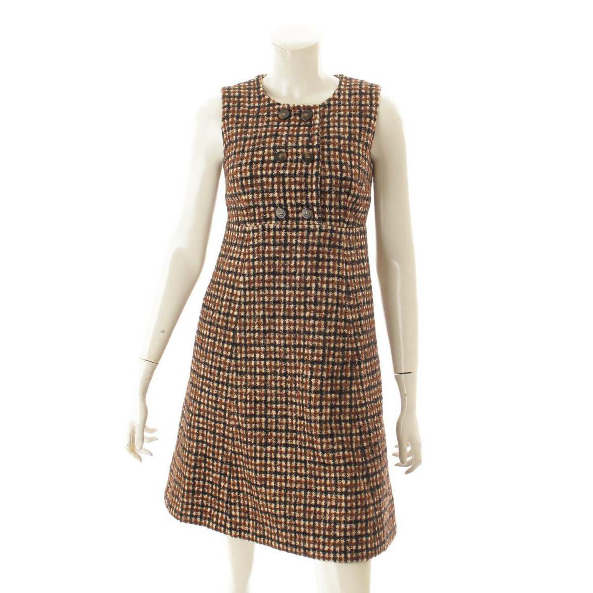 ドルチェ&ガッバーナ(Dolce&Gabbana) ツイード チェック柄 ノースリーブ ワンピース 裏地レオパード柄 ブラウン 36