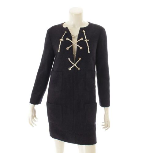 シャネル 21SS 21P コットン ツイード チェーン ワンピース P70096 ネイビー 36