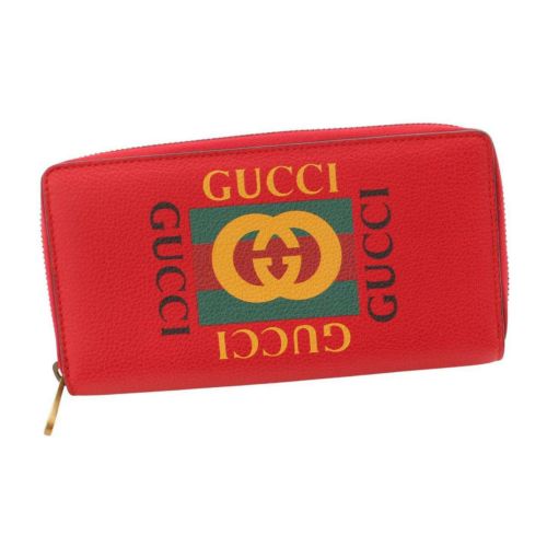 グッチ(Gucci) レザー ヴィンテージロゴプリント ラウンドファスナー ロングウォレット 財布 496317 レッド